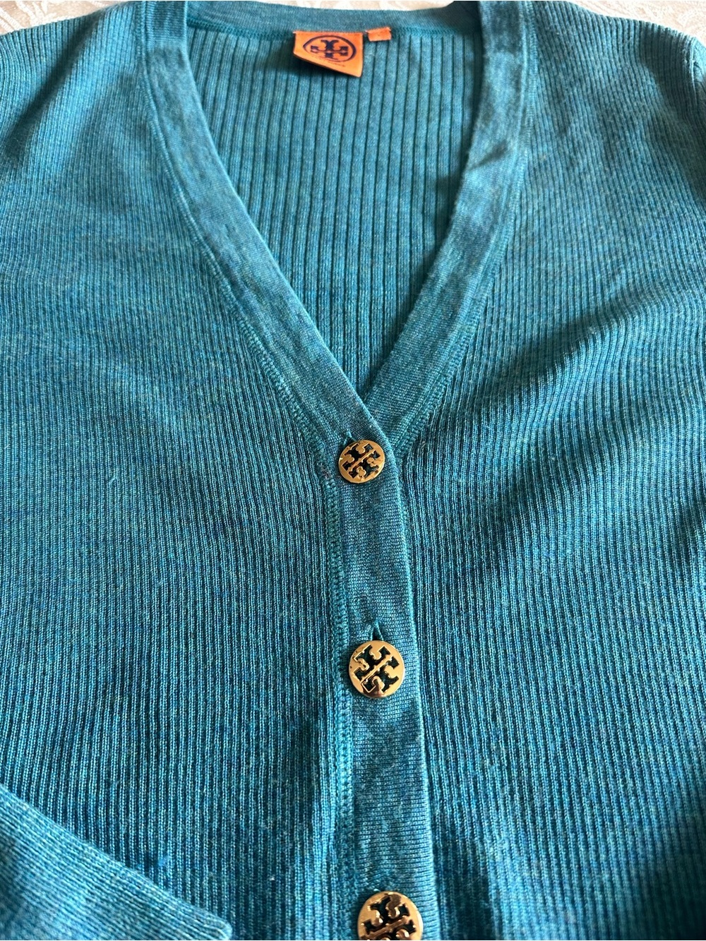 Tory Burch Teal Ribbed Button-Front Cardigan - Picture 2 of 4